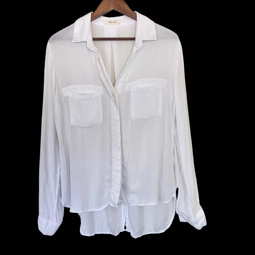 Bella Dahl Split Back Women Button Down Shirt Medium White Rayon Roll Tab Sleeve